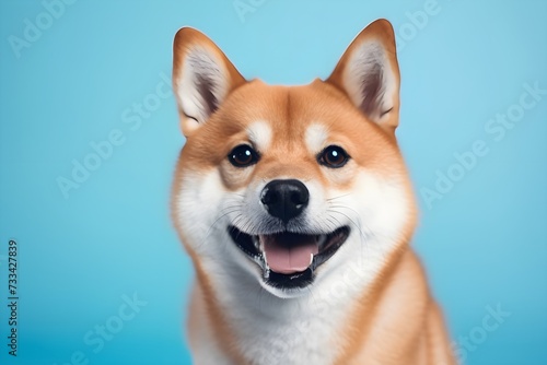 Portrait of a happy shiba inu dog on blue background. © Галя Дорожинська