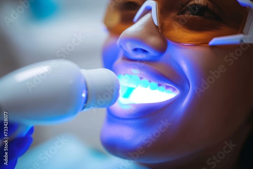 A person's electric blue glasses reflect the cobalt blue light of their indoor surroundings, as they stand with a toothbrush in their mouth, lost in thought