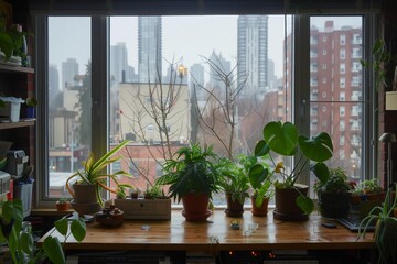 View from a plant-cluttered desk out a window into a rainy city	