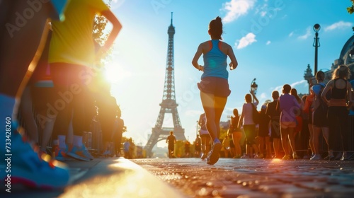 A vibrant evening marathon scene in Paris, highlighting runners with the iconic Eiffel Tower backdrop as the sun descends