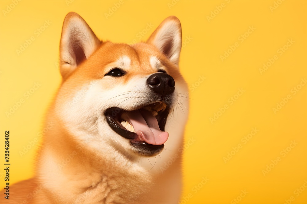 Portrait of a happy shiba inu dog on yellow background. Portrait of a happy shiba inu dog on yellow background.