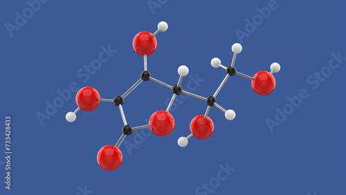 Vitamin C Ascorbic Acid 3D molecule structure, on blue background, 3D rendering illustration