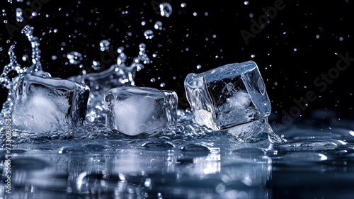 Ice cubes falling with water drop splash isolated on dark background
