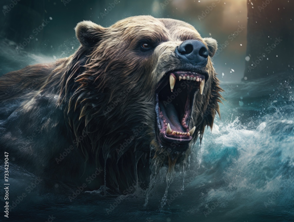 Open-mouthed Bear in the Water. Generative AI. Open-mouthed Bear in the Water. Generative AI.