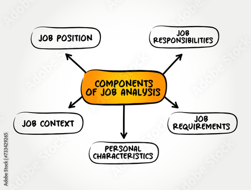 Components of Job Analysis - process of studying a job to determine which activities and responsibilities it includes, mind map text concept background