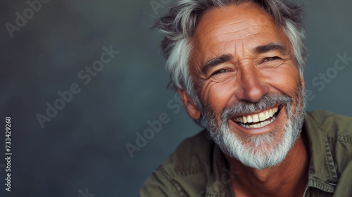 Handsome middle age man happy face smiling looking at the camera, mature age man with gray hair, Isolated on black background, copy space.
