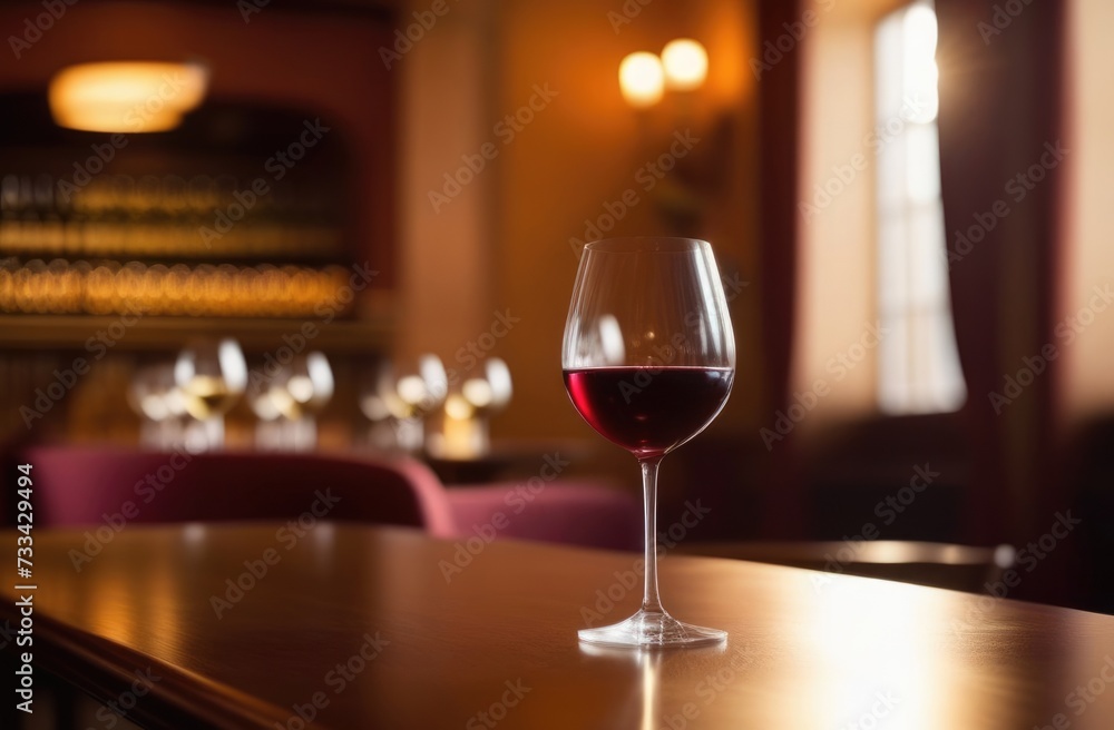 a glass of red wine on a wooden table, wine expert, sommelier, wine tasting, winery concept, restaurant in the background, sunlight