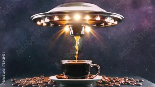 great ufo float drip coffee by dripper to cup while dripping big light and green coffee beans in the black. seamless looping time-lapse virtual video animation background
 photo