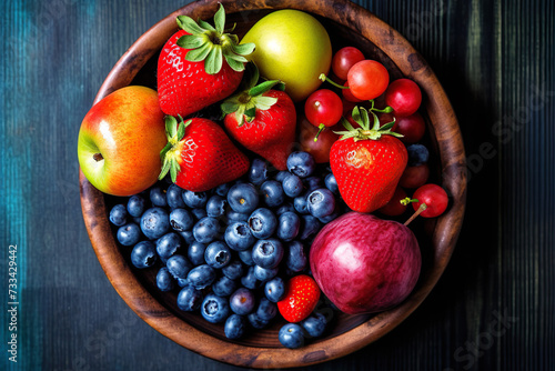 Short food supply chains SFSCs. From garden to plate concept. A bowl of fresh fruit and berries. Flat lay, Copy space