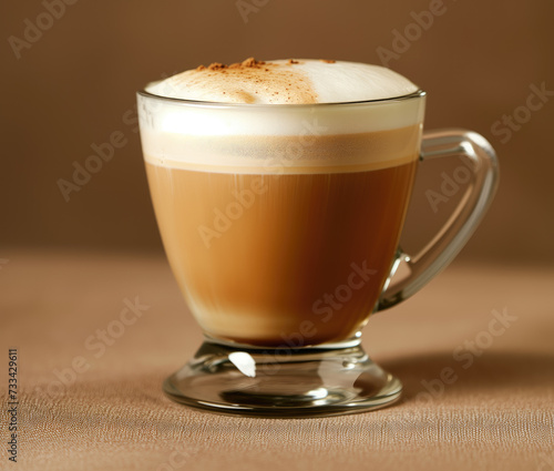 A close-up image capturing the rich texture and layers of a gourmet cappuccino topped with whipped cream and a sprinkle of cinnamon, served in an elegant glass mug.