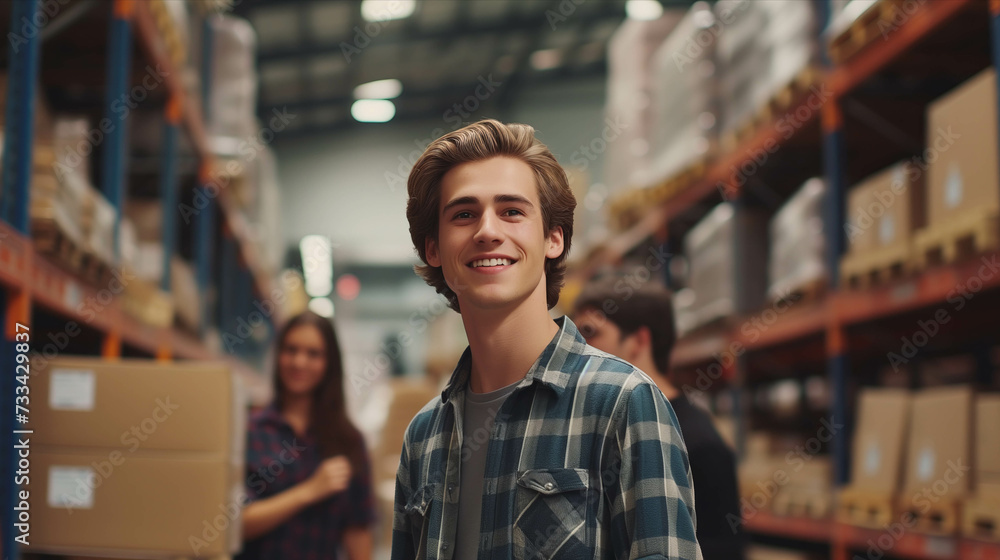 Caucasian team Confident working at the warehouse. Caucasian team Confident working at the warehouse.
