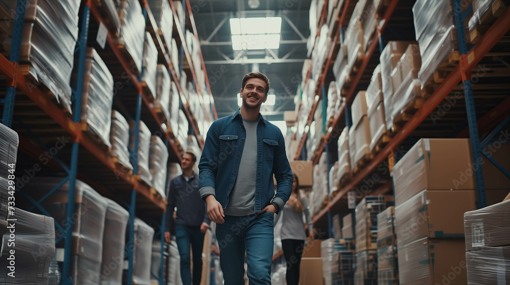 Caucasian team Confident working at the warehouse. Caucasian team Confident working at the warehouse.