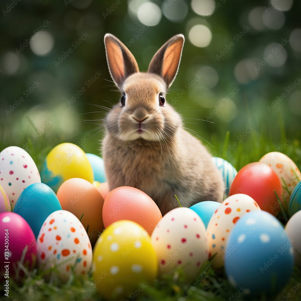 Easter bunny with colorful eggs in green grass. Easter background. Easter bunny with colorful eggs in green grass. Easter background.