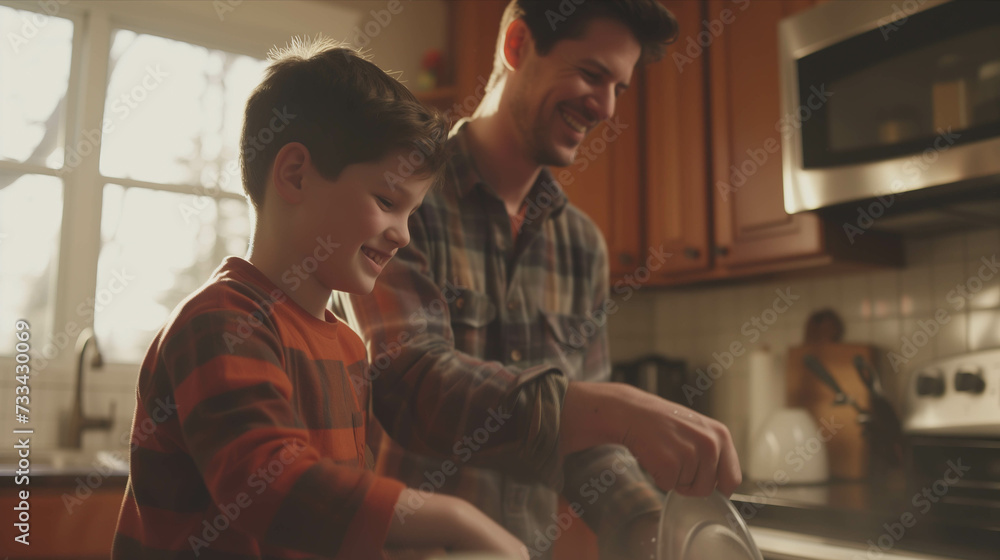Caucasian father and son washing dishes in the kitchen. - obrazy, fototapety, plakaty 