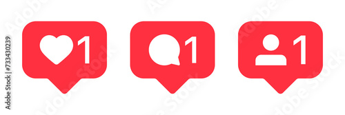 Like, comment, follower icon buttons , social media notification icons in speech bubble : love heart 1 flat icon in modern chat bubbles , emoji post reactions set. Vector illustration