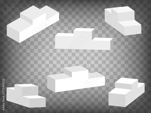 Set of perspective projections 3d model of realistic winner podium with rounded corners  on transparent background.   Abstract concept of graphic elements for your design. EPS 10