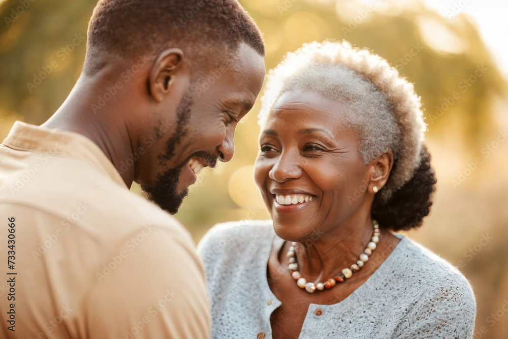 Close up candid portrait of African mother and son smiling at each other having a beautiful moment, happy young adult son and mature middle aged woman bonding, outdoor shot at golden hour Close up candid portrait of African mother and son smiling at each other having a beautiful moment, happy young adult son and mature middle aged woman bonding, outdoor shot at golden hour