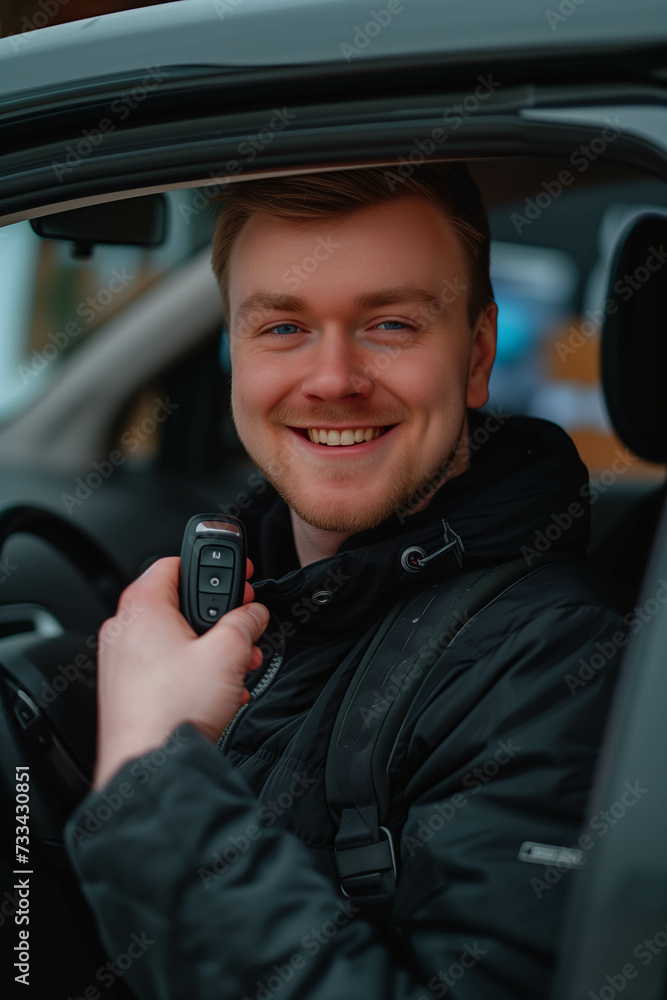 Caucasian man shows car keys in his hand in car showroom. Caucasian man shows car keys in his hand in car showroom.