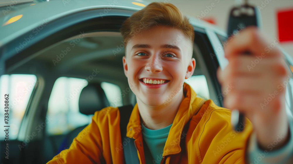 Caucasian man shows car keys in his hand in car showroom. Caucasian man shows car keys in his hand in car showroom.