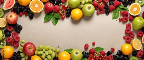 Fruits variety, top view, fruits spilled on a table, healthy eating banners, bio © Random_Mentalist