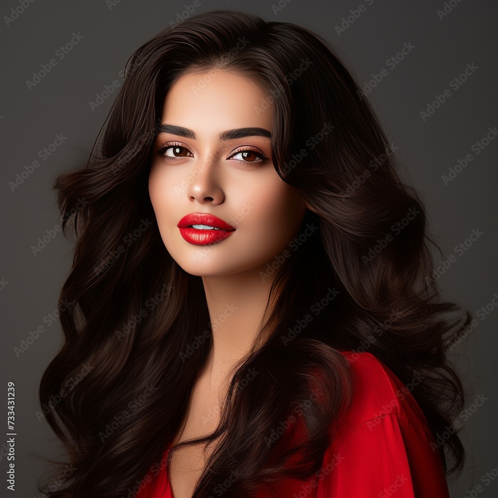 Fototapeta premium Captivating Indian Woman: Close-Up Portrait with Vibrant Makeup and Red Lipstick generative ai