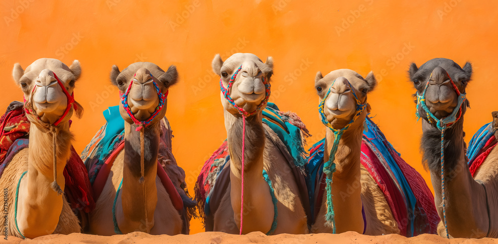 Camels with traditional dresses, waiting for tourists for camel ride
