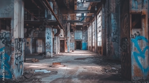 An abandoned industrial interior, with rusted machinery and decaying infrastructure, evokes a sense of desolation and neglect
