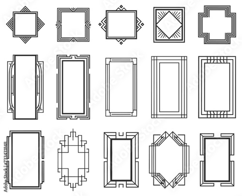 Art deco linear frames. Ornate simple line artdeco borders isolated on white, decorative square and rectangle vector cadres