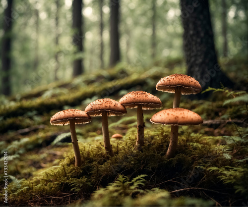 Mushrooms grow in a green forest