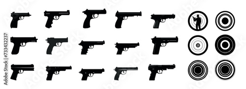 Black elements of shooting range and gallery. Guns silhouettes and different targets. Shoot lessons for police or warrior, self-defense courses vector elements