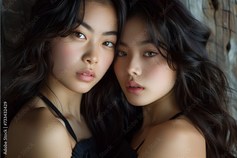 Studio fashion Portrait of Natural beauty Asian twins girls