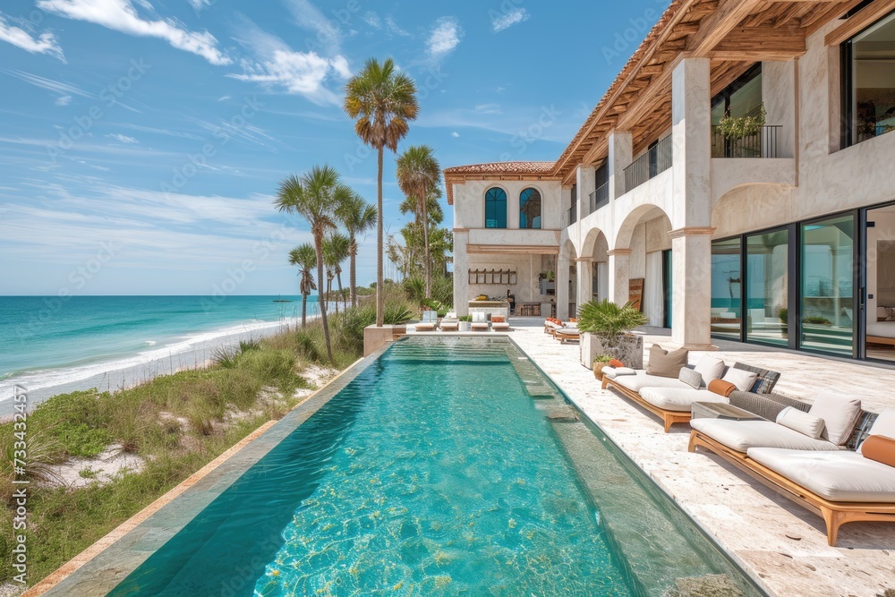 An elegant beachfront villa boasting a private pool, spacious terraces, and panoramic ocean views, epitomizing luxury coastal living..