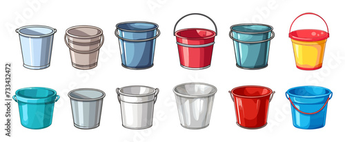 Cartoon buckets. Isolated metallic and plastic bucket for garden, farm, agriculture work. Household empty tools, containers for water and liquids vector collection