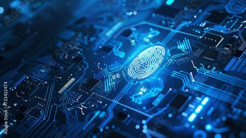 An abstract representation of cybersecurity, featuring fingerprint scanning overlaid on a circuit board photo