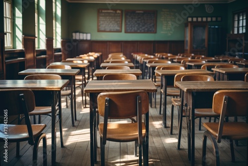 Empty classroom. Back to school concept in high school. Vintage wooden chairs and desks. Studying lessons in secondary education.