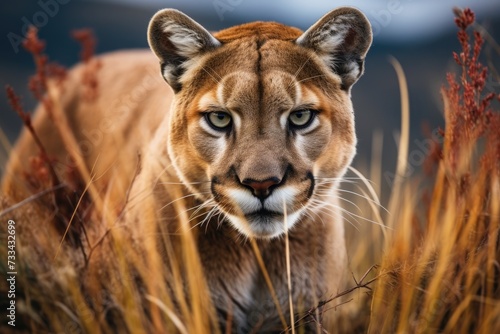 Young cougar crouched in tall grass © Lubos Chlubny