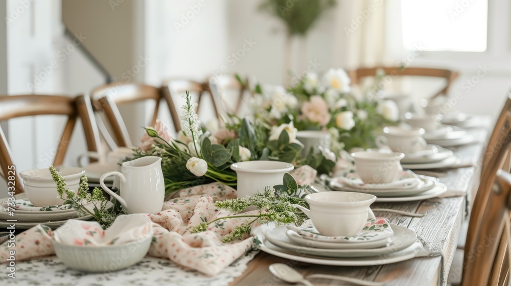 A beautifully arranged farmhouse dining table bathed in natural light, adorned with fresh flowers and elegant tableware, invites a homely dining experience..