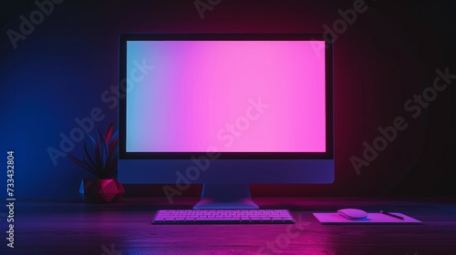 The image features an old desktop PC with a blank screen, illuminated by vibrant retro lighting, showcasing a nostalgic ambiance. It's a 3D rendering capturing the essence of vintage technology