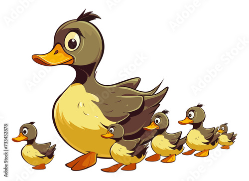 Cartoon duck and ducklings walking isolated on white background