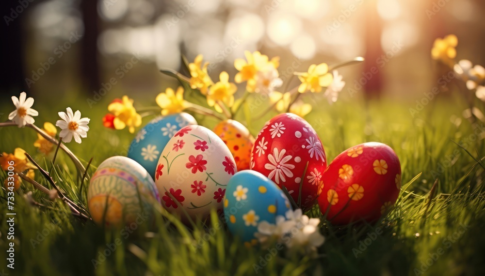 Various Colorful Easter Golden eggs and spring flowers on white background Various Colorful Easter Golden eggs and spring flowers on white background