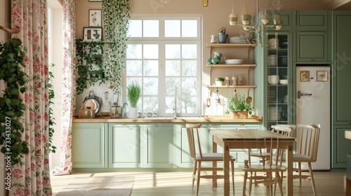 A bright and airy vintage-inspired kitchen featuring green cabinetry, hanging plants, and floral curtains with a sunlit dining area..