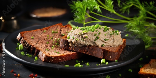 Tasty homemade liver pÃ¢tÃ© with crispy toast on a dark concrete background. Perfect for a delicious snack or appetizer!  photo