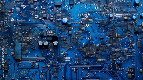  The image depicts a circuit board, showcasing electronic computer hardware technology. It features a motherboard digital chip, representing tech science background