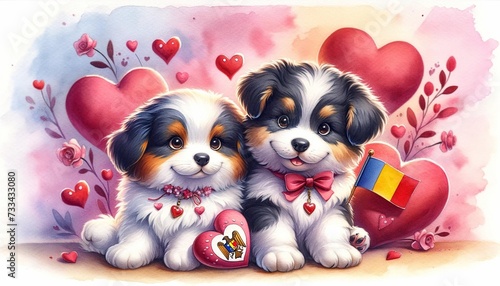 A charming watercolor concept illustration for Valentine's Day, featuring a cute couple of puppies with a Romanian theme 02 photo