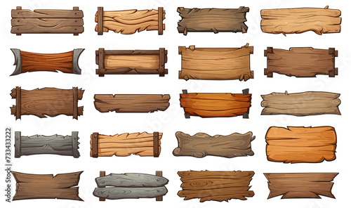 Cartoon wood blank banners. Empty message boards graphics, rustic wooden planks label signs vector illustration © LadadikArt