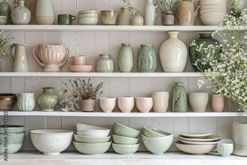 Sunlight illuminates an assortment of handcrafted stoneware dishes neatly arranged on rustic wooden kitchen shelves..