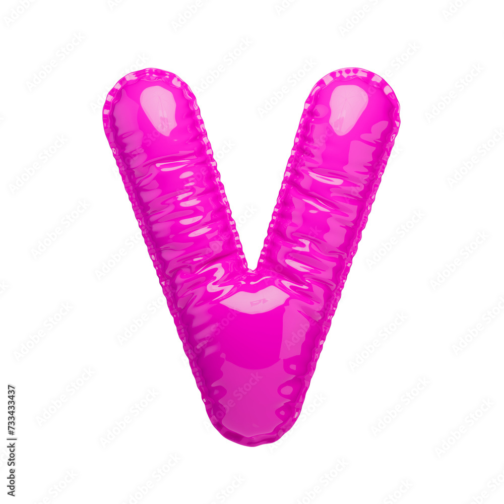 Volumetric letter V. The letter of the Latin alphabet in the shape of a balloon, isolated on a transparent background. An inflatable ball of bright pink color with a glossy texture. Volumetric letter V. The letter of the Latin alphabet in the shape of a balloon, isolated on a transparent background. An inflatable ball of bright pink color with a glossy texture.