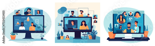 Conference video call. Freelancer business friends online on display, internet workplace communication, home office web videoing chat, videos seminar meet call concepts
