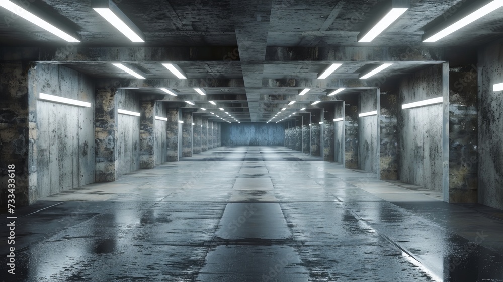 An empty, elegant modern underground tunnel room with grunge textures and bright white lights creates a captivating background. This 3D rendering illustration offers a unique perspective