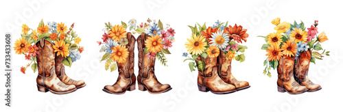Cowboy boots with flower bouquets. Cowboys fashion shoes, decorative stylish elements. Spring or summer garden design, cowgirl boot vector icons photo